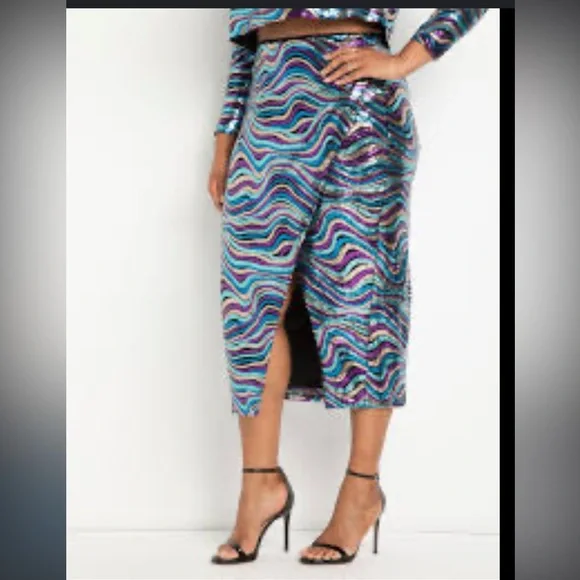 💜SOLD💙ELOQUII Wavy Sequin Crop Top and Midi Skirt - Picture 2 of 8